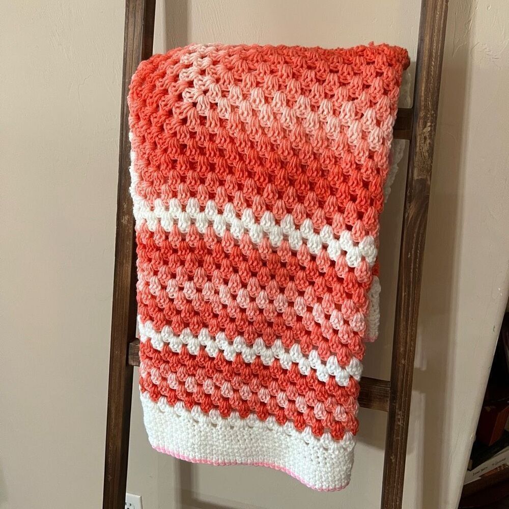Handmade Crocheted Blanket Square Afghan Pink White EUC Soft Yarn Baby Girl Gift